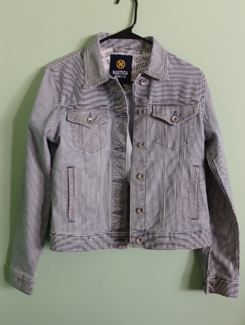 Nautica Blue and White Striped Jean Jacket